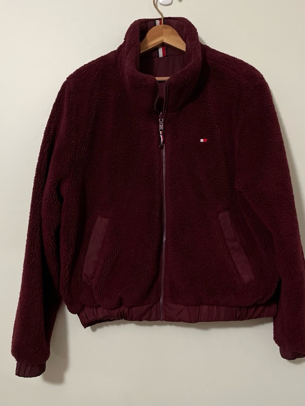 Tommy Hilfiger Reversible Sherpa Padded Bomber Jacket Wine Burgundy Large L